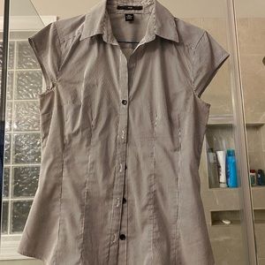 Black and white pinstripe cap sleeve work blouse